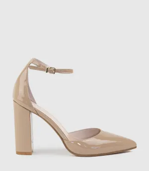 GLAM100 Block Heel Dorsay Pump in Nude Patent