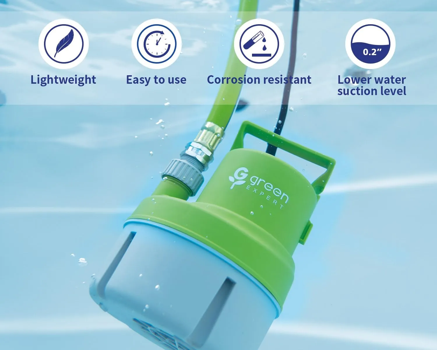 Green Expert 1/6HP Submersible Utility Pump with Multipurpose Adapter Kit, Full Corrosion Resistant, Vinegar/Pools/Salt Water Applicable, Easy to Use with Garden Hoses