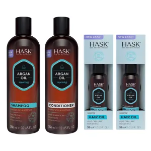 HASK Argan Restoring Set: 2 Argan Shine Hair Oil Vials and 1 Shampoo and Conditioner Set
