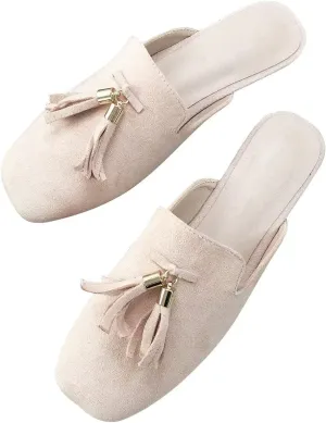 Hee grand Mules for Women Tassel Mule Slippers Summer Square Toe Slip On Loafers Casual Closed Toe Suede Flat Slides