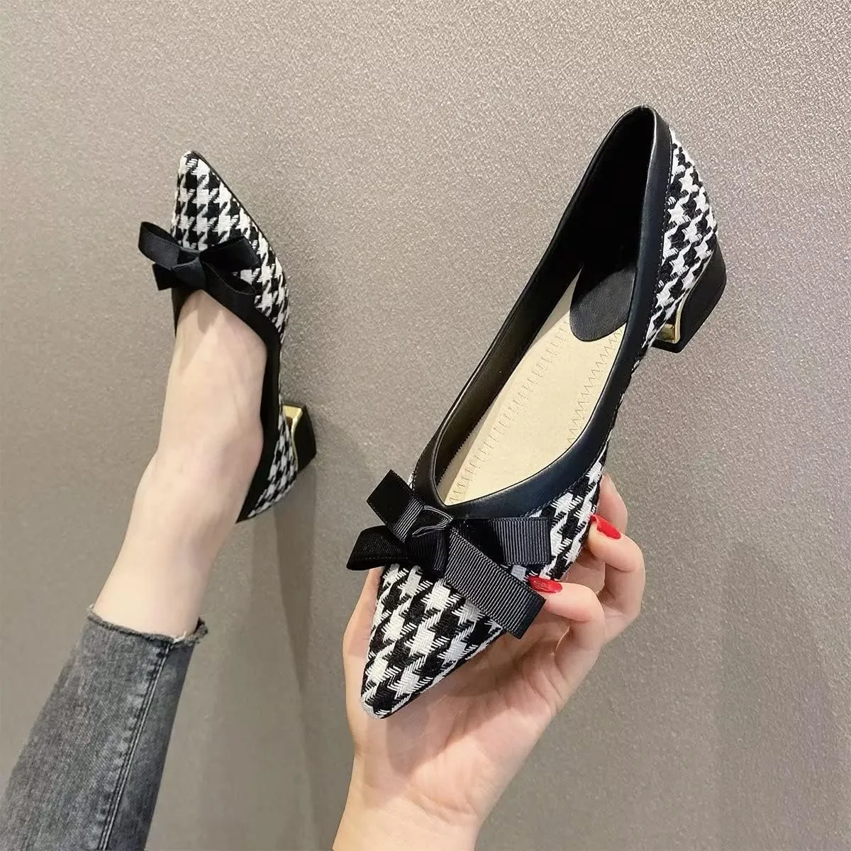 Hee grand Women Pointed Toe Chunky Heels Classic Plaid Bow-Knot Dressy Pump Comfort Low Heels for Work