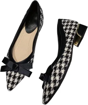 Hee grand Women Pointed Toe Chunky Heels Classic Plaid Bow-Knot Dressy Pump Comfort Low Heels for Work