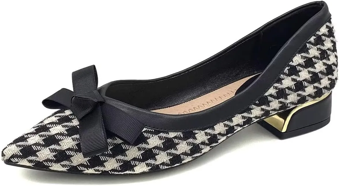 Hee grand Women Pointed Toe Chunky Heels Classic Plaid Bow-Knot Dressy Pump Comfort Low Heels for Work