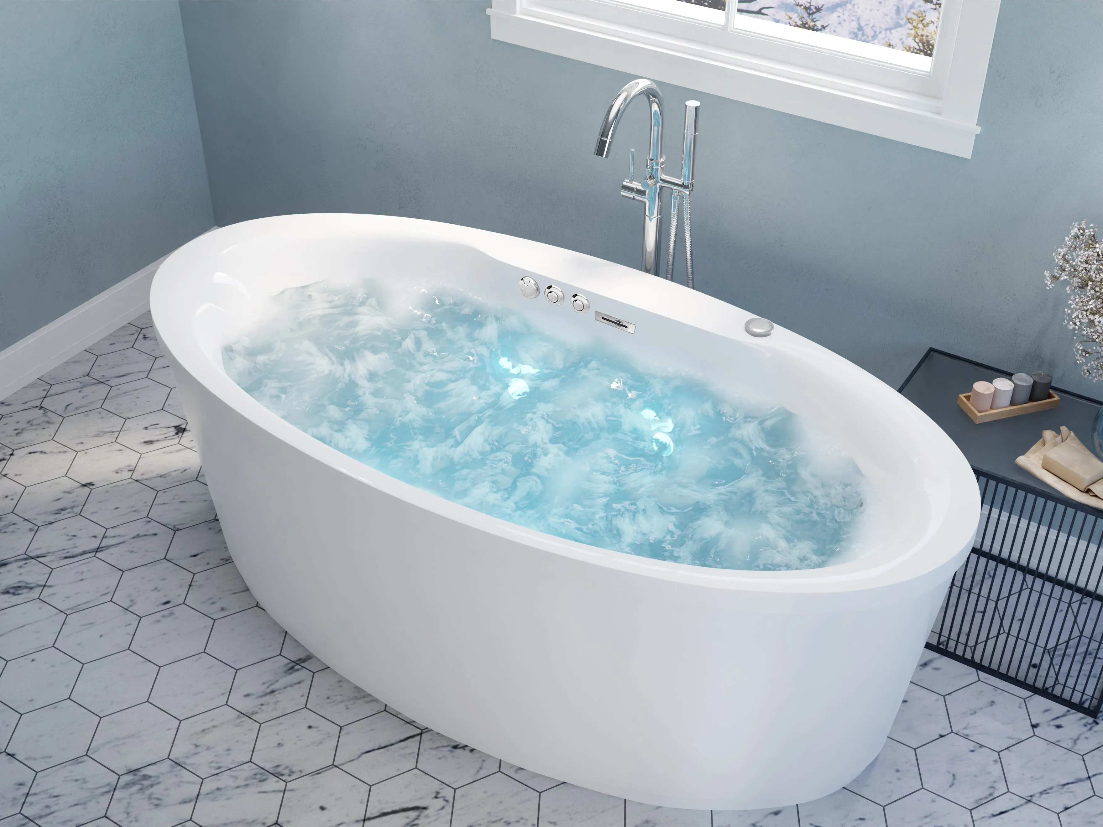Heidi Series 67 in. x 34 in. Acrylic Combination 50 Gallon Capacity Freestanding Bathtub with Center Drain in White