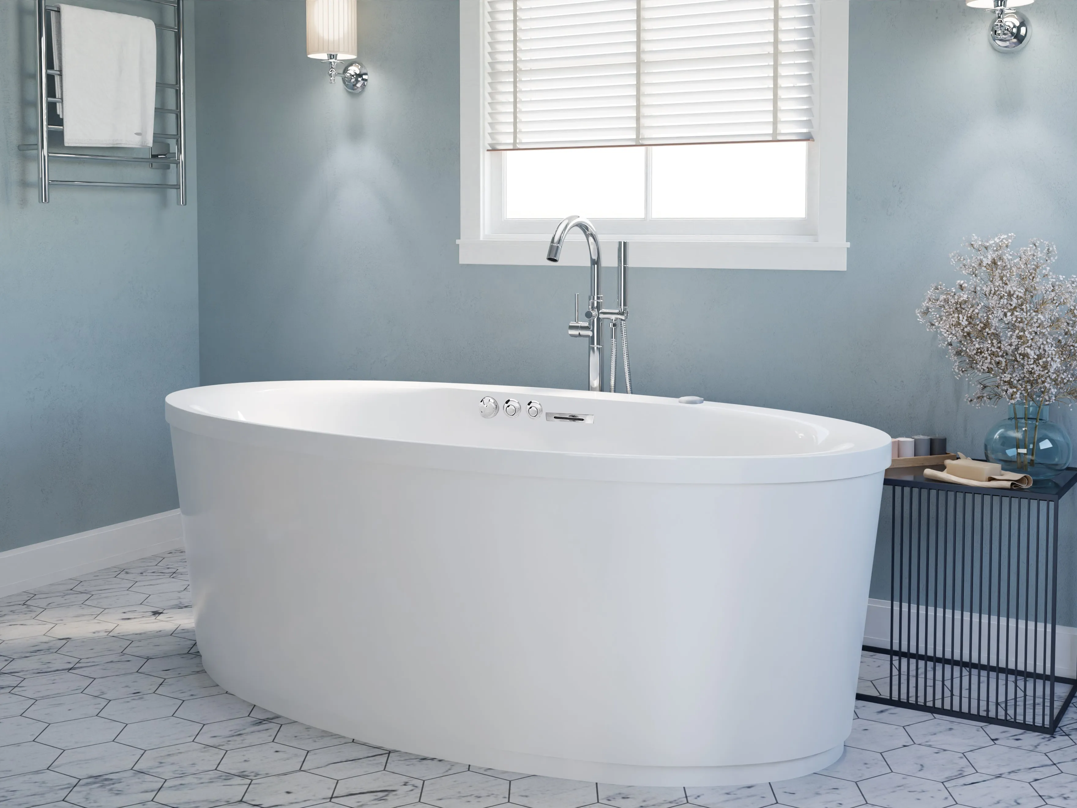 Heidi Series 67 in. x 34 in. Acrylic Combination 50 Gallon Capacity Freestanding Bathtub with Center Drain in White