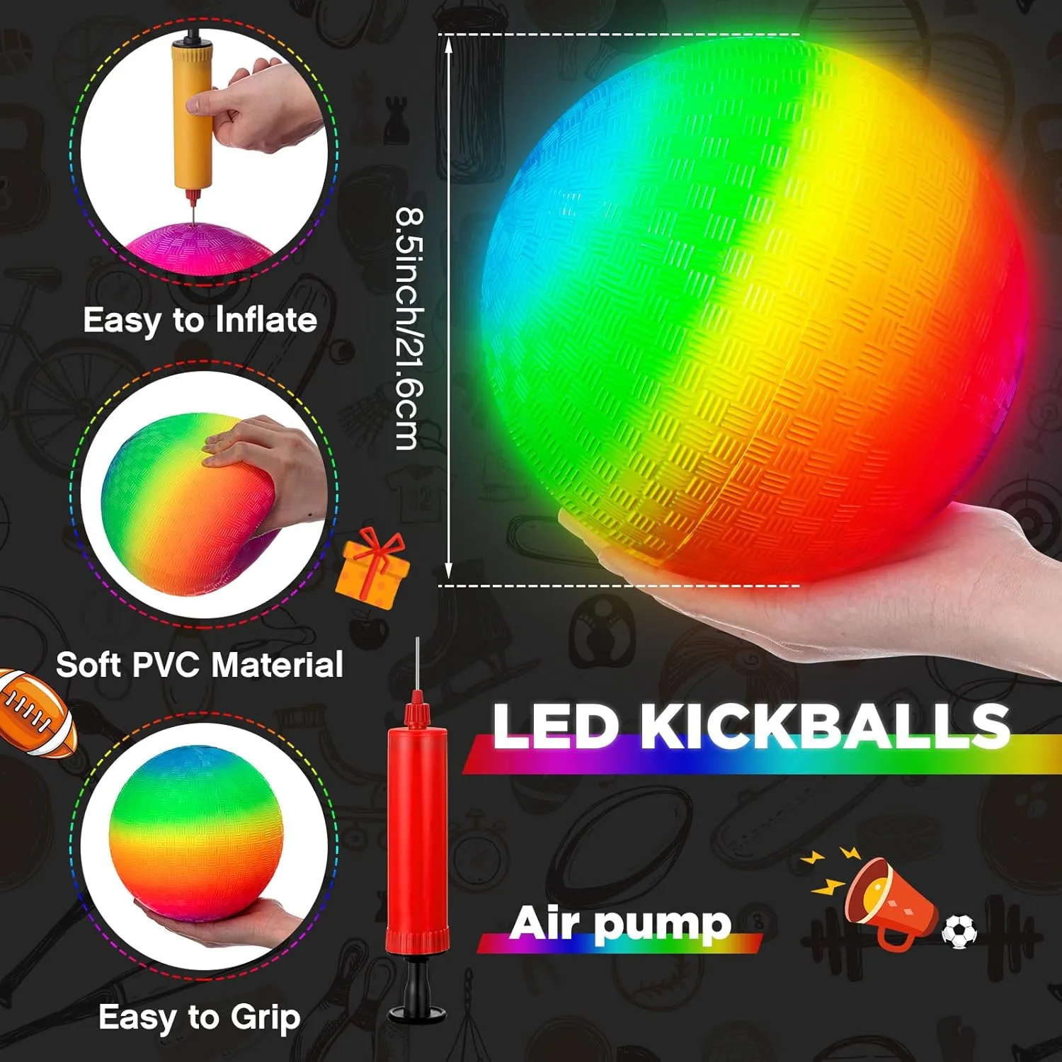 Hiboom 2 Pcs LED Kickballs Dodgeballs Light up Playground Ball Bouncy Balls with Pump for Kids Adults Playground School Backyard Game Outdoor Glow in The Dark Party Supplies