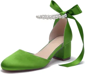 High Block Heel Wedding Closed Toe Sandals for Bride Pearl Bow Ankle Strap Women Chunky Heels Sandal Round Toe Satin Bridal Shoes