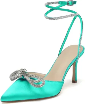 High Heel Wedding Shoes for Bride Pointed Toe Ankle Strap Bridal Shoes Glitter Bow Wedding Heels