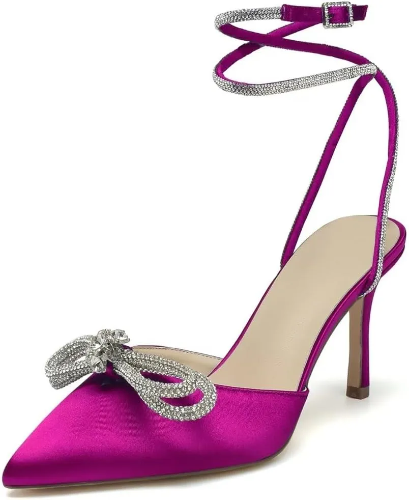 High Heel Wedding Shoes for Bride Pointed Toe Ankle Strap Bridal Shoes Glitter Bow Wedding Heels