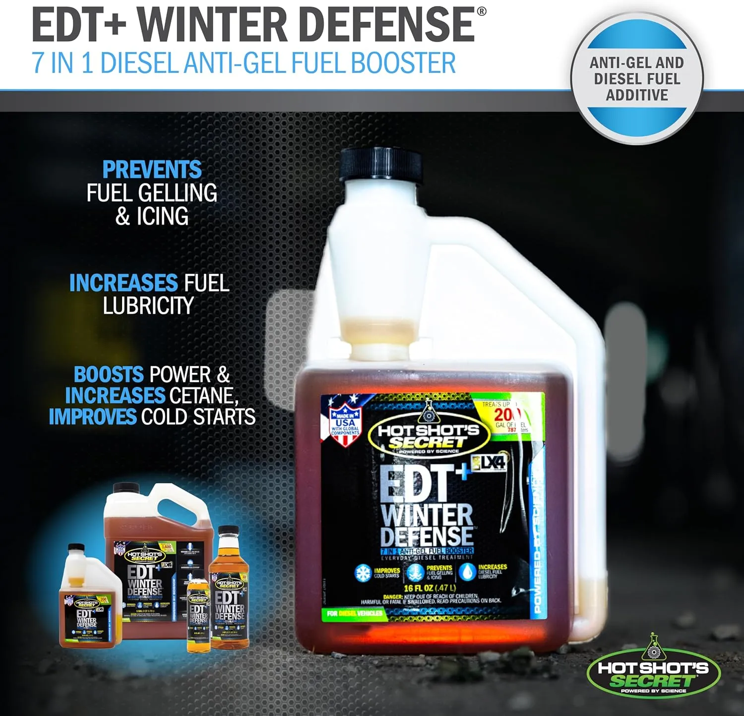 Hot Shot's Secret EDT  Winter Defense 16oz, 7-in-1 Anti-Gel Diesel Fuel Additive – Prevents Gelling, Protects Fuel System, Diesel Additive Improves Cold Starts, Boosts Cetane