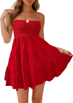 HVEPUO Women Spaghetti Strap Sleeveless Smock Cami Mini Dress Summer Vacation Flowy Boho A Line Swing Short Dresses for Women