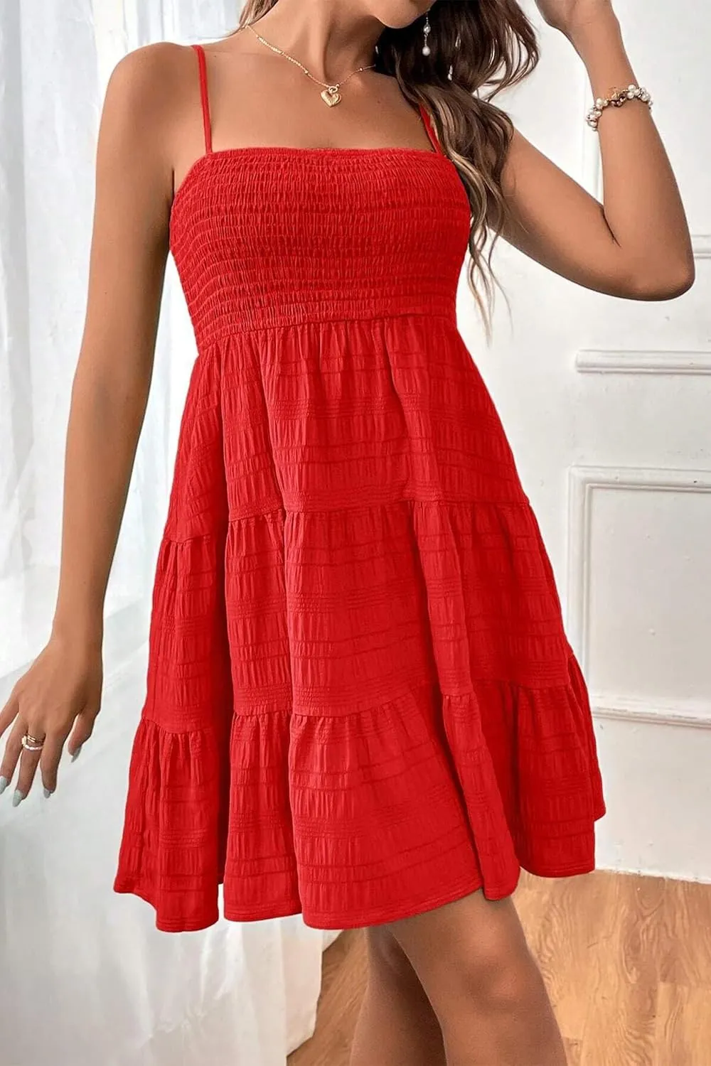 HVEPUO Women Spaghetti Strap Sleeveless Smock Cami Mini Dress Summer Vacation Flowy Boho A Line Swing Short Dresses for Women