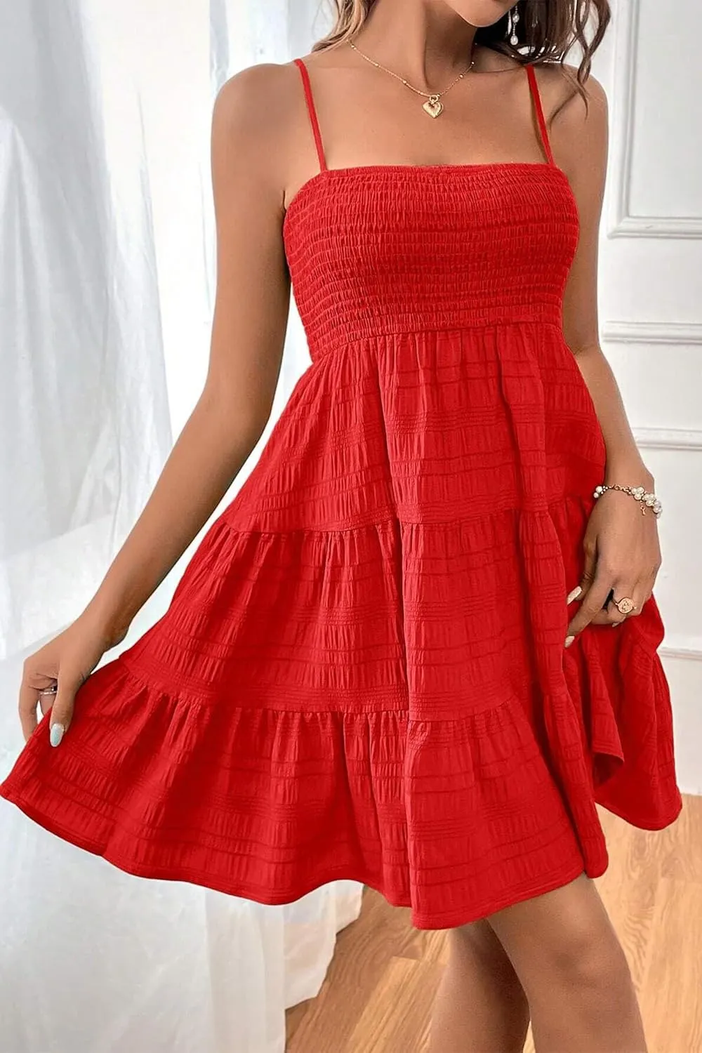 HVEPUO Women Spaghetti Strap Sleeveless Smock Cami Mini Dress Summer Vacation Flowy Boho A Line Swing Short Dresses for Women
