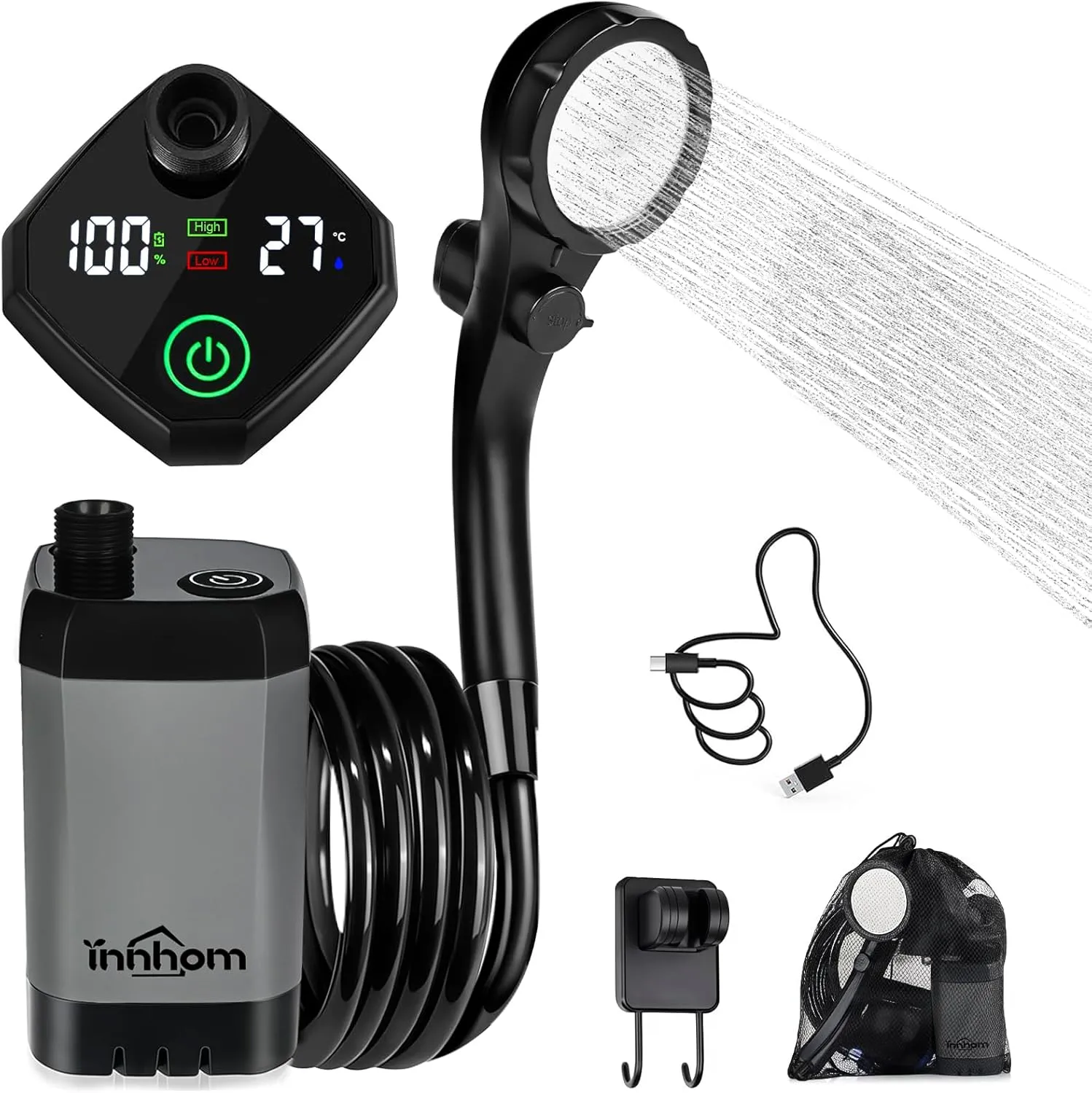 innhom Portable Shower for Camping, 6000mAh Rechargeable Camping Shower with LED Display, 2 Mode Electric Outdoor Camp Shower pump for Hiking, Travelling, Washing, Grey