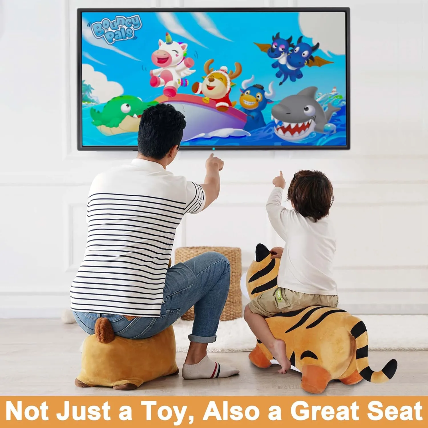 iPlay, iLearn Bouncy Pals Tiger Hopper Toy, Toddler Hopping Horse, Kid Plush Ride on Animal Bouncer W/Pump, Inflatable Bouncing Rider, Indoor Outdoor Jumping Birthday Gift 2 3 4 5 6 Year Old Boy Girl