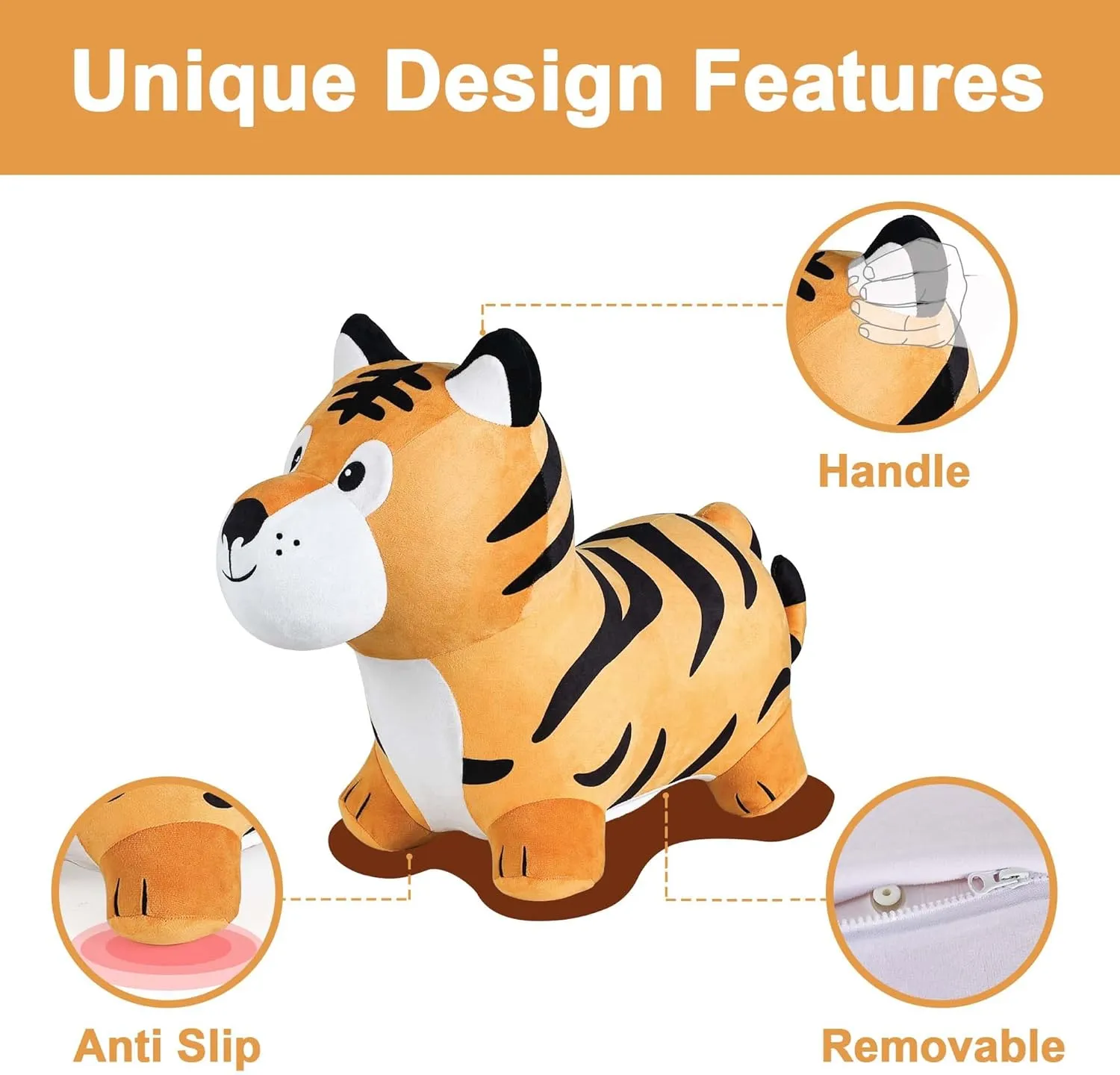 iPlay, iLearn Bouncy Pals Tiger Hopper Toy, Toddler Hopping Horse, Kid Plush Ride on Animal Bouncer W/Pump, Inflatable Bouncing Rider, Indoor Outdoor Jumping Birthday Gift 2 3 4 5 6 Year Old Boy Girl