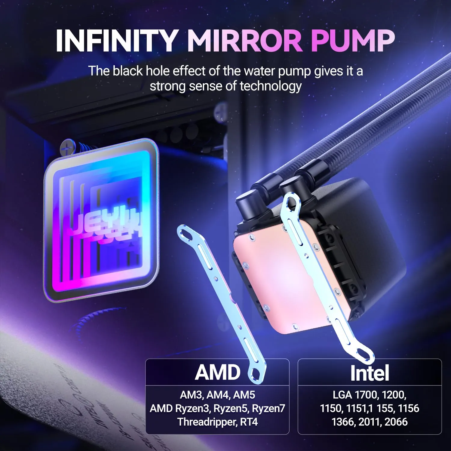 JEYI iArcticStorm 240 Water Cooler Black, Desktop ARGB AIO Liquid CPU Cooler, Intel & AMD TDP 240W, Infinity Mirror Efficient PWM-Controlled Pump, for AMD Ryzen AM5|4, Intel LGA 1851|1700 etc.
