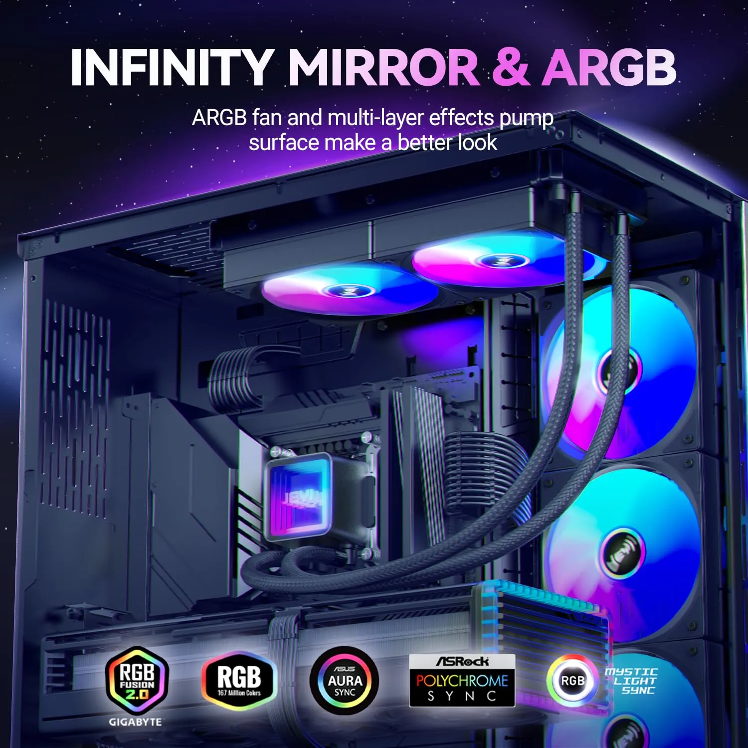 JEYI iArcticStorm 240 Water Cooler Black, Desktop ARGB AIO Liquid CPU Cooler, Intel & AMD TDP 240W, Infinity Mirror Efficient PWM-Controlled Pump, for AMD Ryzen AM5|4, Intel LGA 1851|1700 etc.