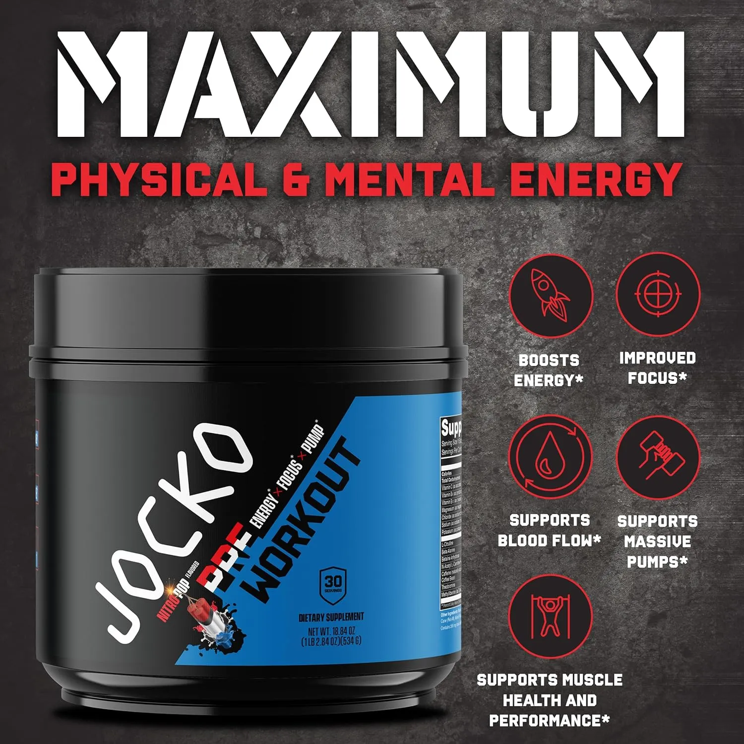 Jocko Fuel Pre Workout for Men & Women - High Stim Low Sugar Blend with Beta Alanine   L-Citrulline, Support Muscle Pump, Energy, & Recovery, 200mg of Caffeine Nitro Pop, 30 Servings 1.31lbs (594 G)