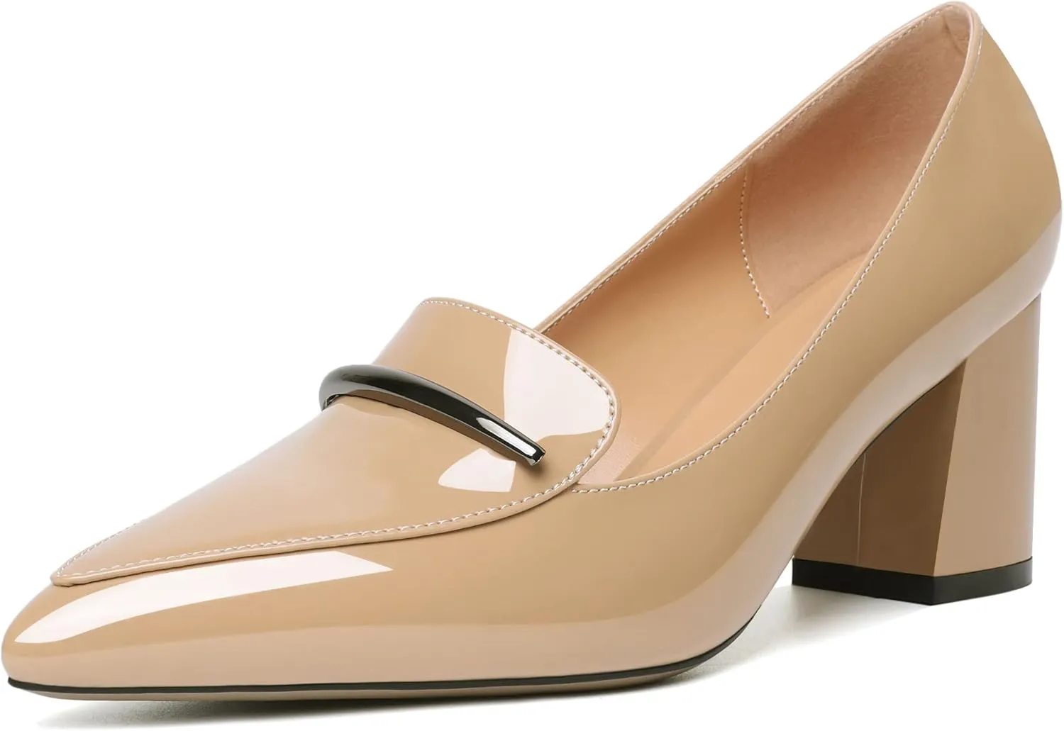 Joseywade Women's Block Heel Loafer Pumps with Trim Solid Patent Dress Shoes for Wedding Party Casual