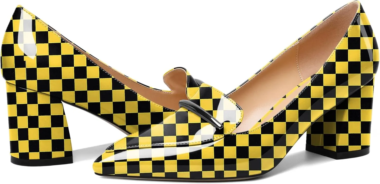 Joseywade Women's Block Heel Loafer Pumps with Trim Solid Patent Dress Shoes for Wedding Party Casual