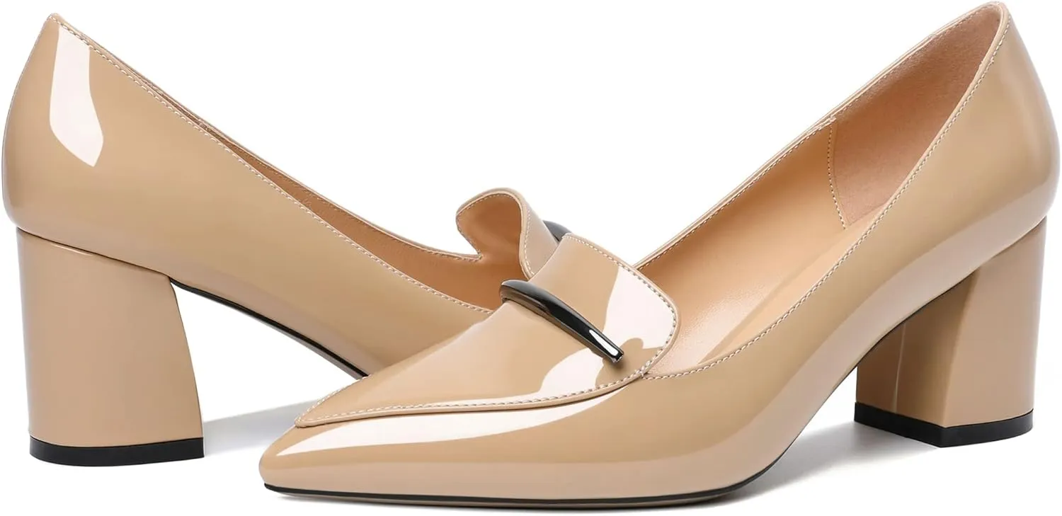 Joseywade Women's Block Heel Loafer Pumps with Trim Solid Patent Dress Shoes for Wedding Party Casual