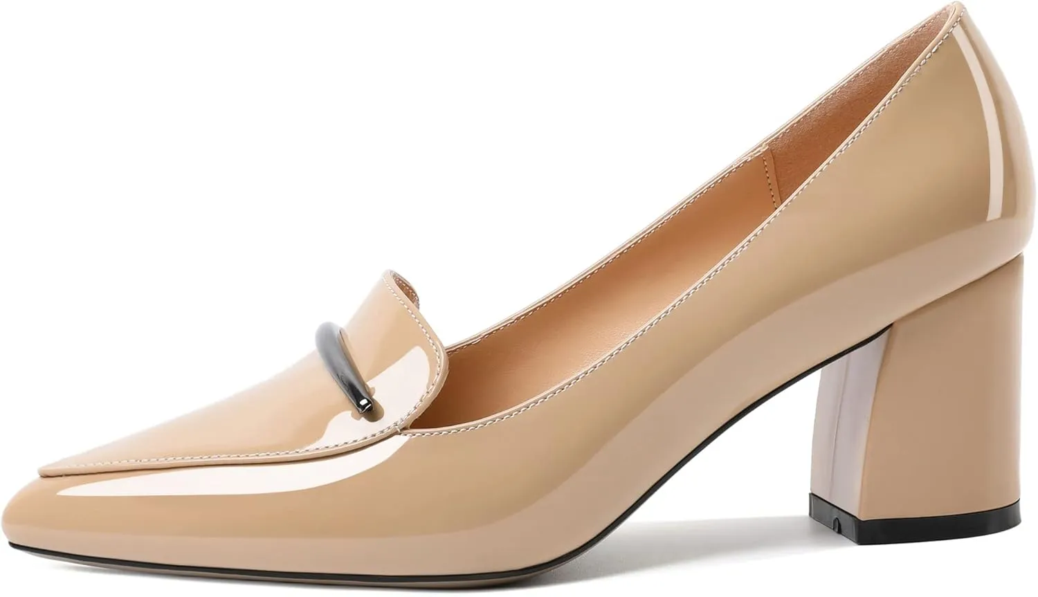 Joseywade Women's Block Heel Loafer Pumps with Trim Solid Patent Dress Shoes for Wedding Party Casual