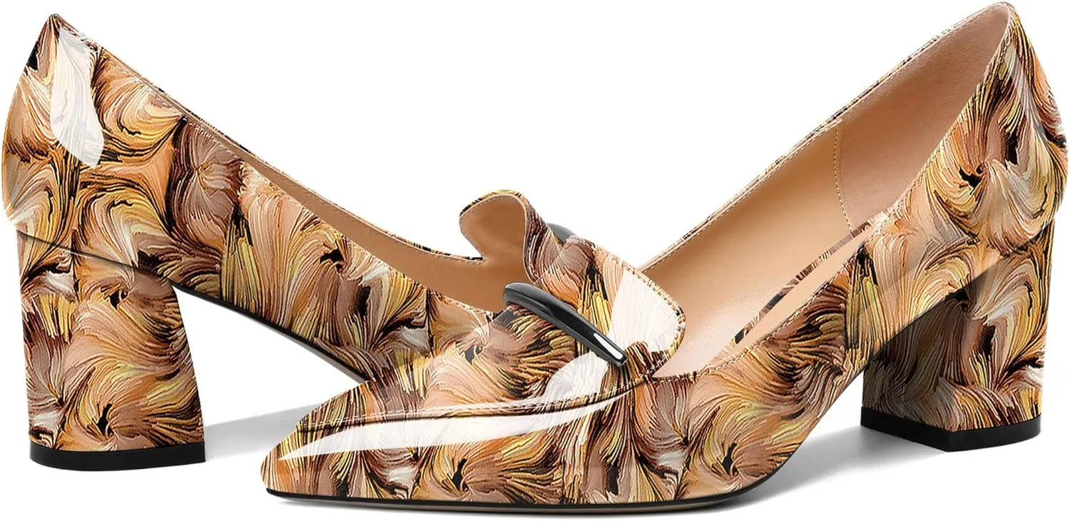 Joseywade Women's Block Heel Loafer Pumps with Trim Solid Patent Dress Shoes for Wedding Party Casual