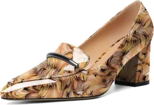 Joseywade Women's Block Heel Loafer Pumps with Trim Solid Patent Dress Shoes for Wedding Party Casual