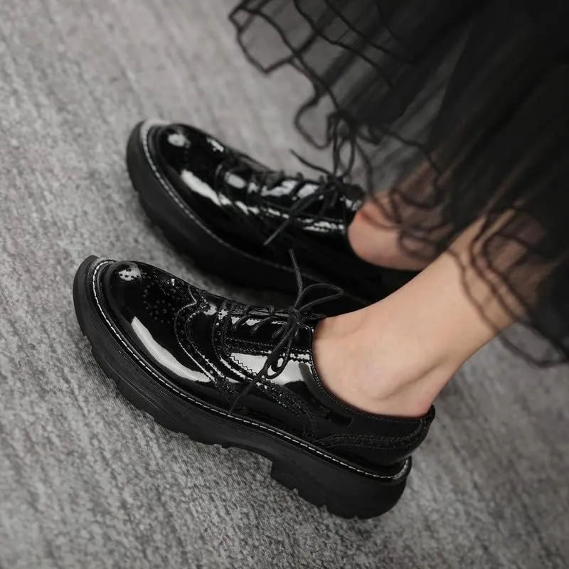 KAGAA Patent Leather Fashion Round Toe lace-up Women Shoes, Flat Heel with mid Heel 5 cm Handmade Chains Casual Loafer Shoes for Women wa115s