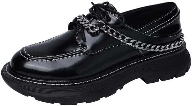 KAGAA Patent Leather Fashion Round Toe lace-up Women Shoes, Flat Heel with mid Heel 5 cm Handmade Chains Casual Loafer Shoes for Women wa115s