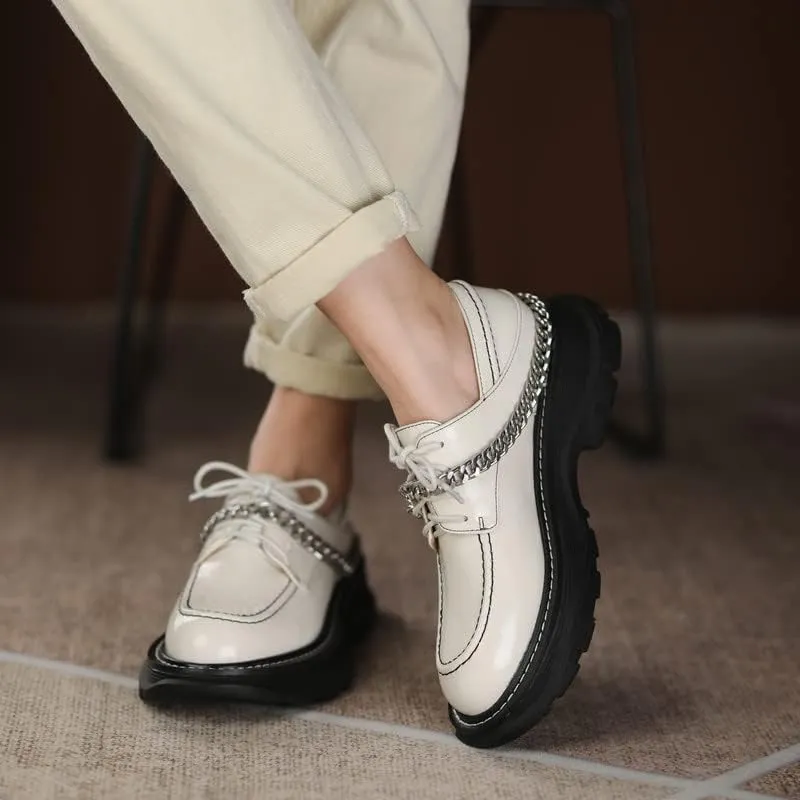 KAGAA Patent Leather Fashion Round Toe lace-up Women Shoes, Flat Heel with mid Heel 5 cm Handmade Chains Casual Loafer Shoes for Women wa115s