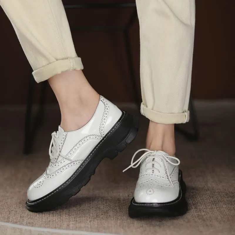 KAGAA Patent Leather Fashion Round Toe lace-up Women Shoes, Flat Heel with mid Heel 5 cm Handmade Chains Casual Loafer Shoes for Women wa115s
