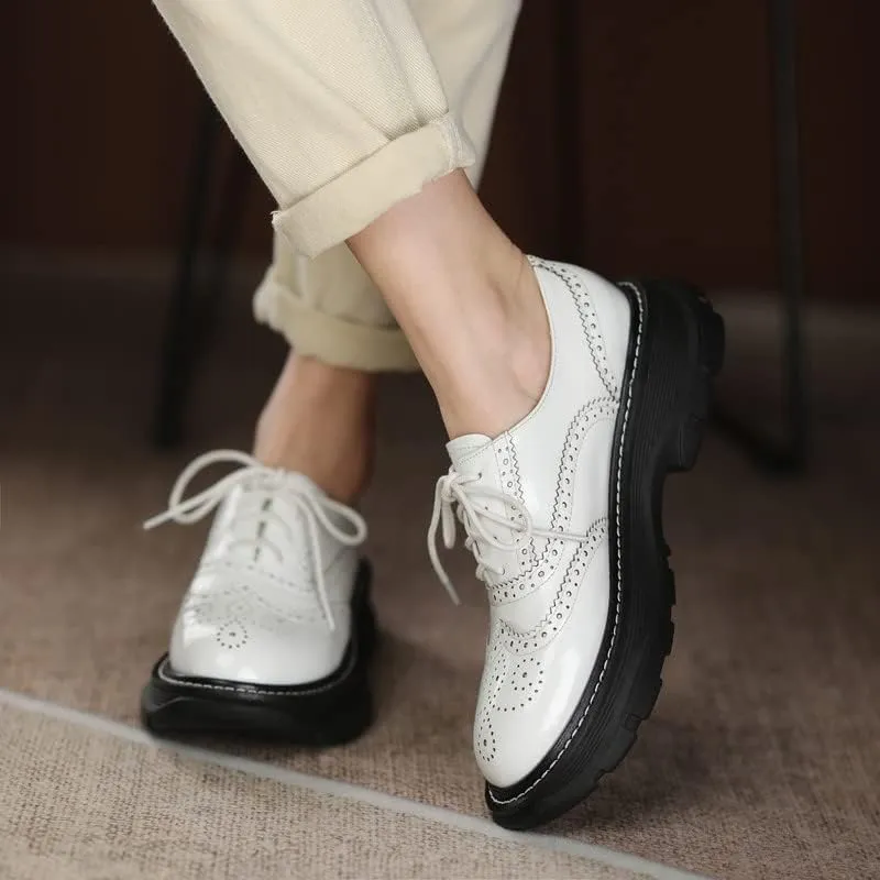 KAGAA Patent Leather Fashion Round Toe lace-up Women Shoes, Flat Heel with mid Heel 5 cm Handmade Chains Casual Loafer Shoes for Women wa115s