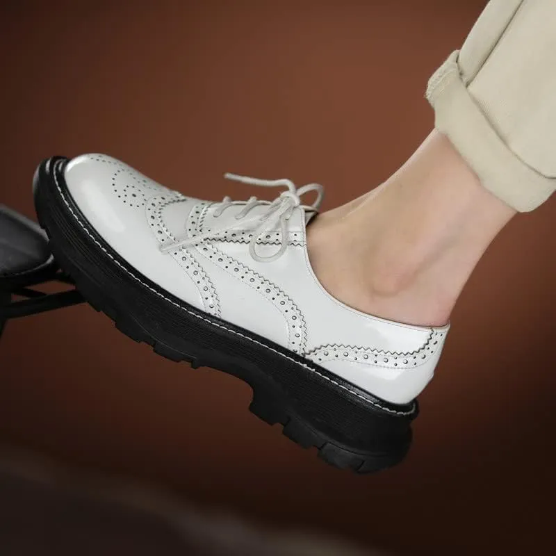 KAGAA Patent Leather Fashion Round Toe lace-up Women Shoes, Flat Heel with mid Heel 5 cm Handmade Chains Casual Loafer Shoes for Women wa115s