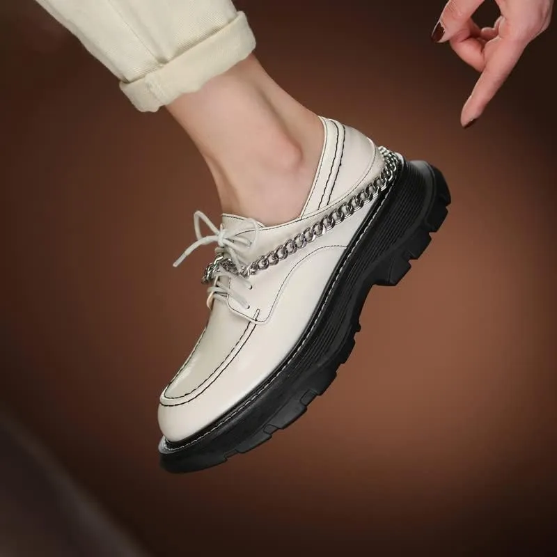 KAGAA Patent Leather Fashion Round Toe lace-up Women Shoes, Flat Heel with mid Heel 5 cm Handmade Chains Casual Loafer Shoes for Women wa115s