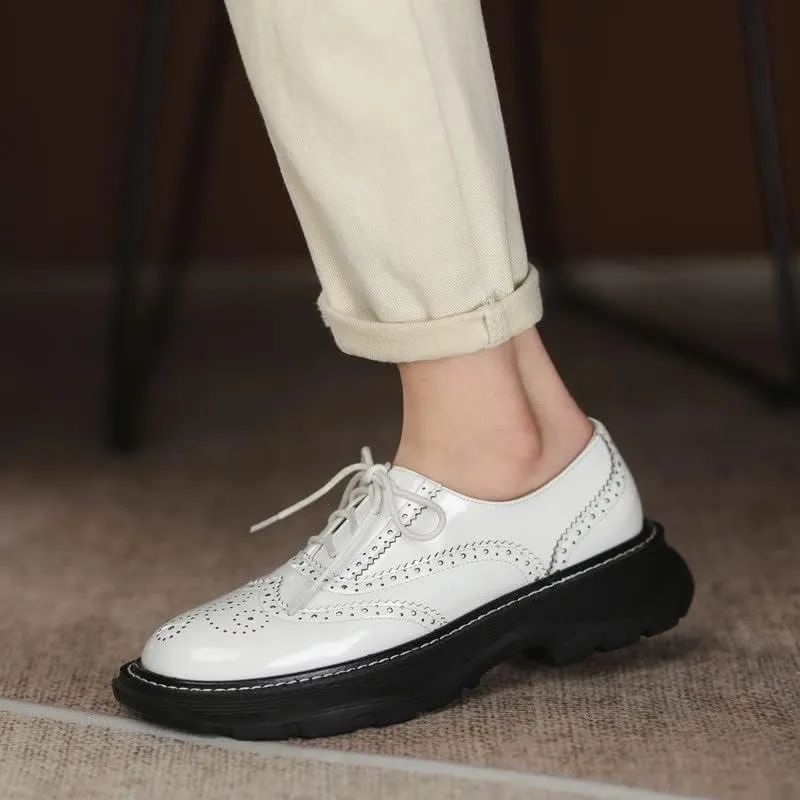 KAGAA Patent Leather Fashion Round Toe lace-up Women Shoes, Flat Heel with mid Heel 5 cm Handmade Chains Casual Loafer Shoes for Women wa115s