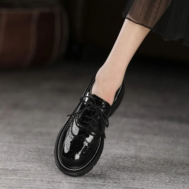 KAGAA Patent Leather Fashion Round Toe lace-up Women Shoes, Flat Heel with mid Heel 5 cm Handmade Chains Casual Loafer Shoes for Women wa115s