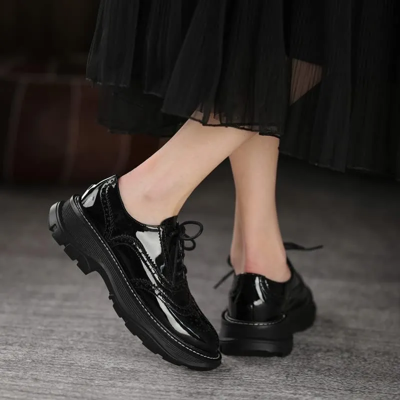 KAGAA Patent Leather Fashion Round Toe lace-up Women Shoes, Flat Heel with mid Heel 5 cm Handmade Chains Casual Loafer Shoes for Women wa115s