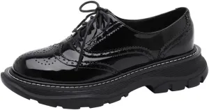 KAGAA Patent Leather Fashion Round Toe lace-up Women Shoes, Flat Heel with mid Heel 5 cm Handmade Chains Casual Loafer Shoes for Women wa115s