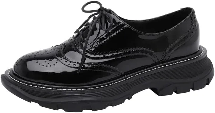 KAGAA Patent Leather Fashion Round Toe lace-up Women Shoes, Flat Heel with mid Heel 5 cm Handmade Chains Casual Loafer Shoes for Women wa115s