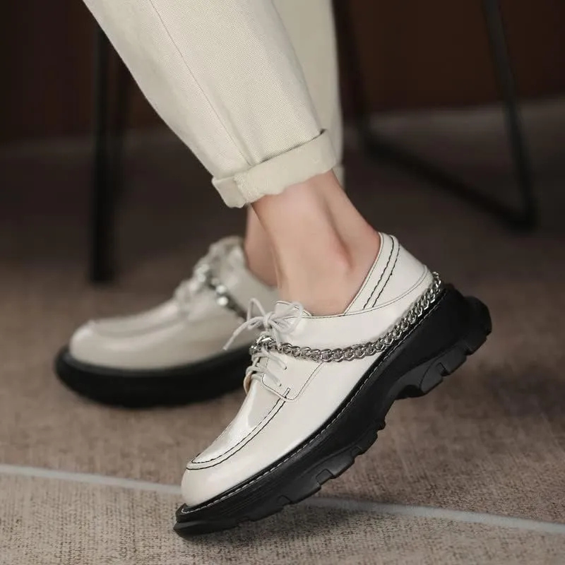 KAGAA Patent Leather Fashion Round Toe lace-up Women Shoes, Flat Heel with mid Heel 5 cm Handmade Chains Casual Loafer Shoes for Women wa115s