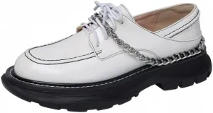 KAGAA Patent Leather Fashion Round Toe lace-up Women Shoes, Flat Heel with mid Heel 5 cm Handmade Chains Casual Loafer Shoes for Women wa115s