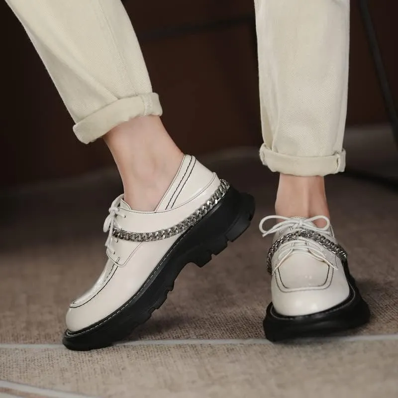 KAGAA Patent Leather Fashion Round Toe lace-up Women Shoes, Flat Heel with mid Heel 5 cm Handmade Chains Casual Loafer Shoes for Women wa115s
