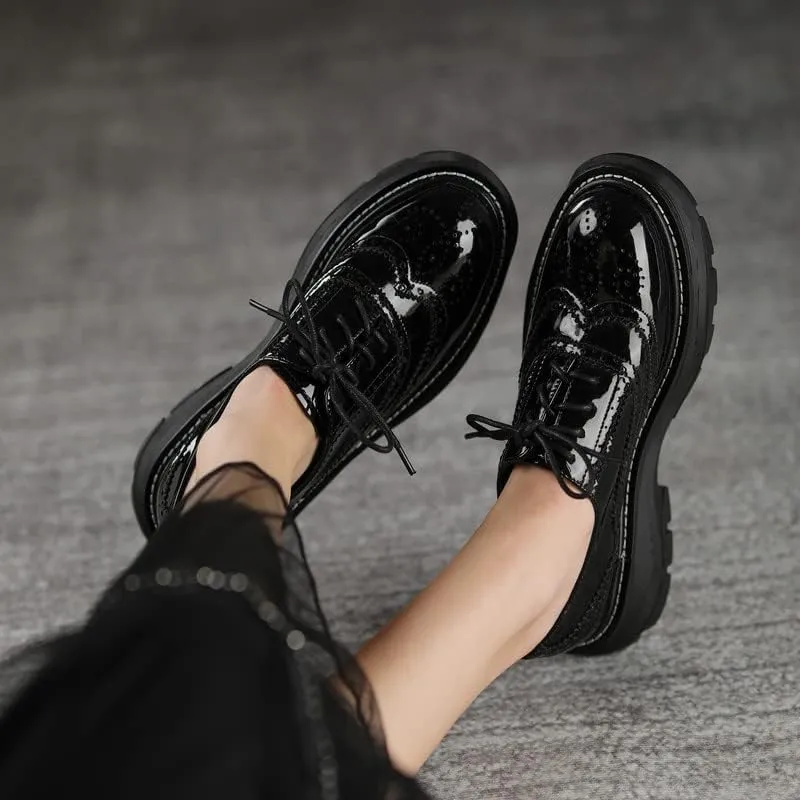 KAGAA Patent Leather Fashion Round Toe lace-up Women Shoes, Flat Heel with mid Heel 5 cm Handmade Chains Casual Loafer Shoes for Women wa115s