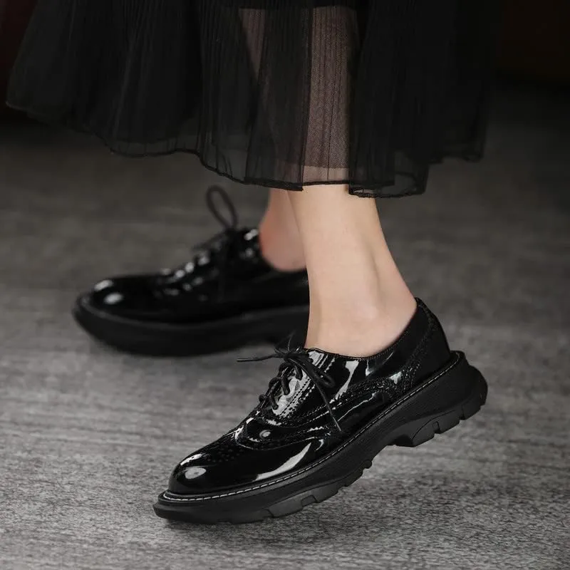 KAGAA Patent Leather Fashion Round Toe lace-up Women Shoes, Flat Heel with mid Heel 5 cm Handmade Chains Casual Loafer Shoes for Women wa115s