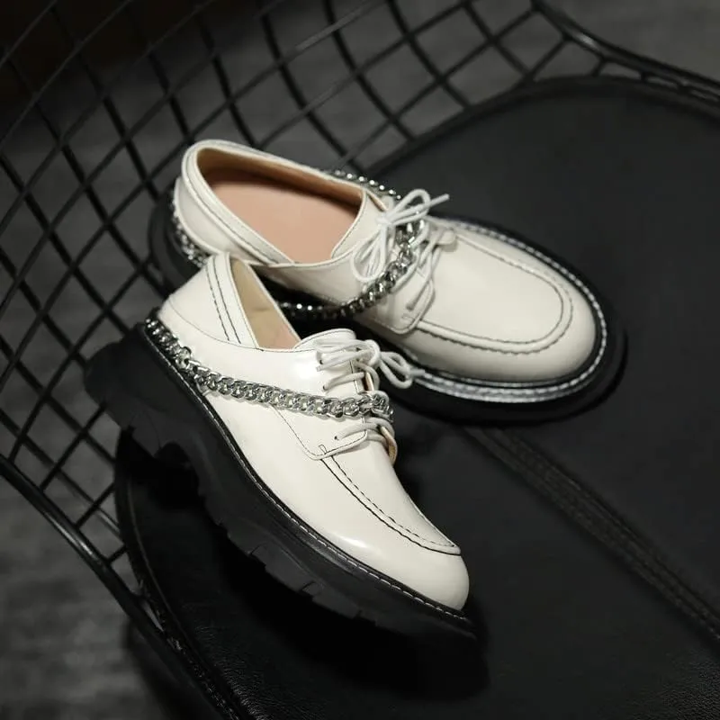 KAGAA Patent Leather Fashion Round Toe lace-up Women Shoes, Flat Heel with mid Heel 5 cm Handmade Chains Casual Loafer Shoes for Women wa115s