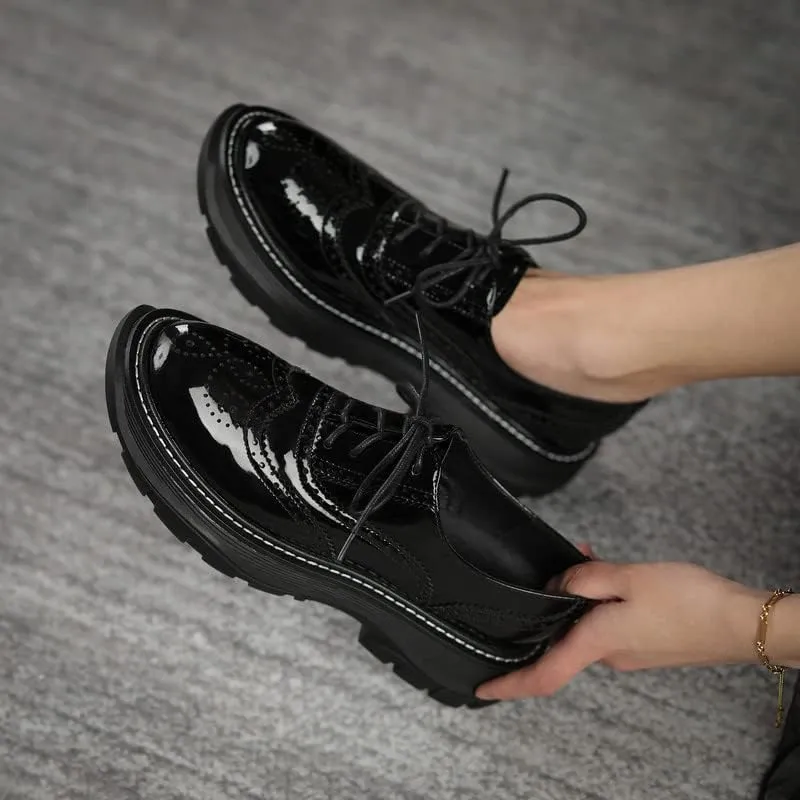KAGAA Patent Leather Fashion Round Toe lace-up Women Shoes, Flat Heel with mid Heel 5 cm Handmade Chains Casual Loafer Shoes for Women wa115s