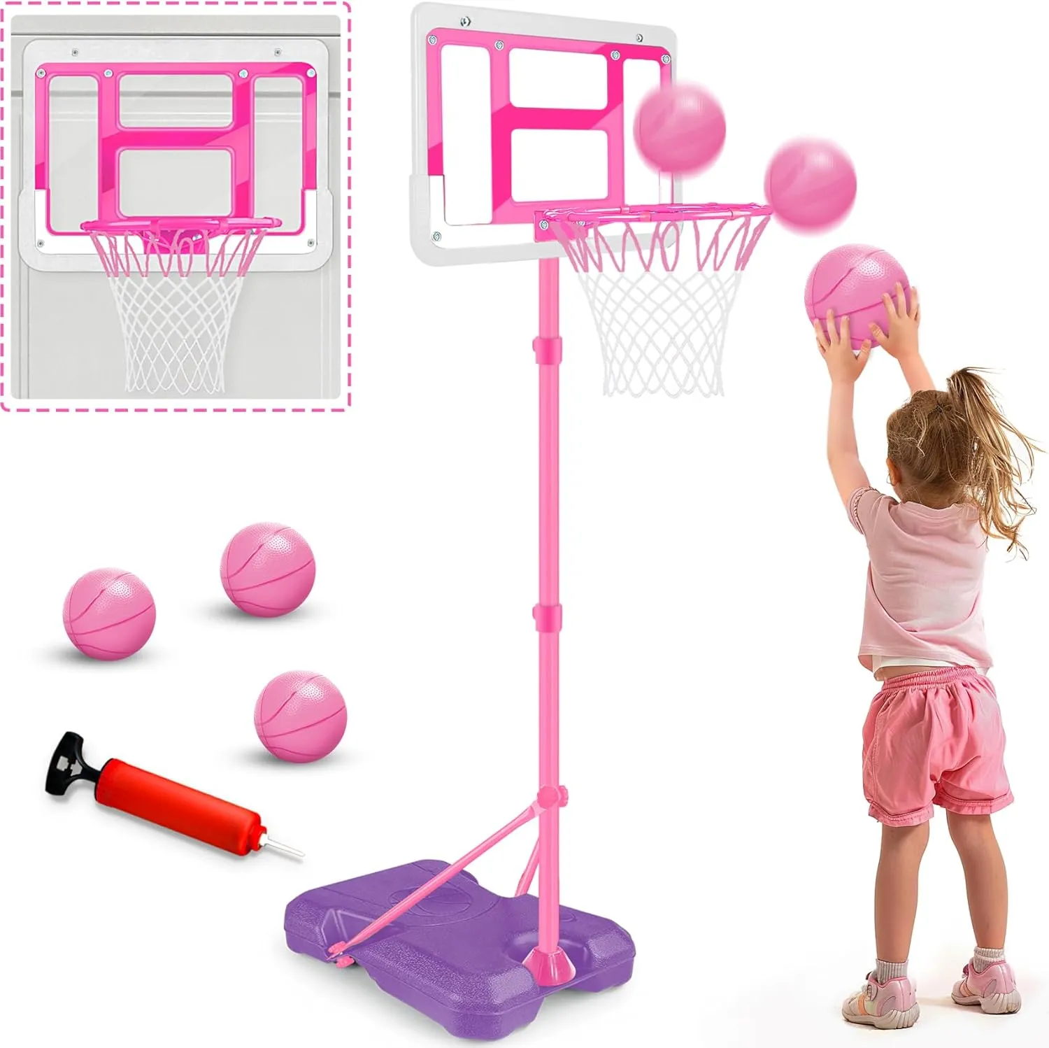 Kids Basketball Hoop with Stand, Adjustable Basketball Set, Toddler Basketball Toys for Boys Age 3 4 5 6 7 8, Indoor Outdoor Backyard Sport Game Gifts Pink