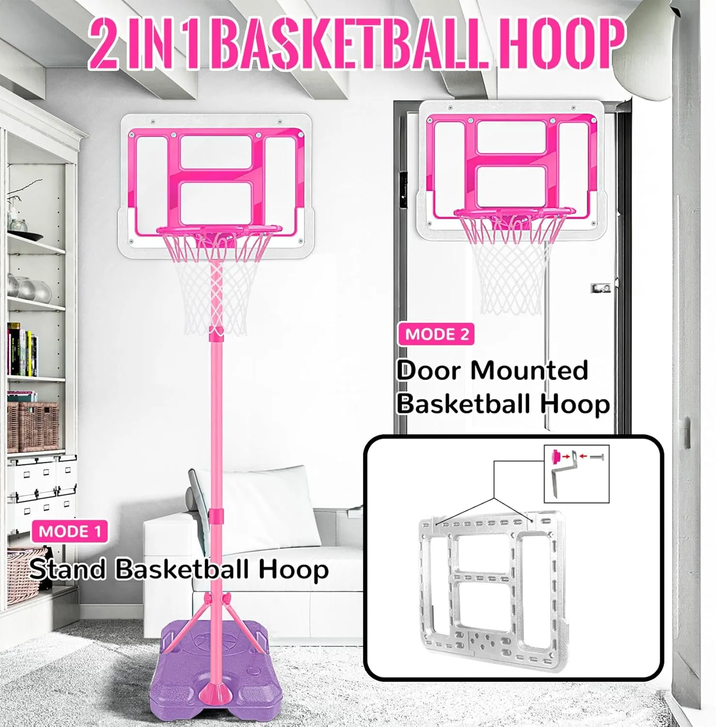 Kids Basketball Hoop with Stand, Adjustable Basketball Set, Toddler Basketball Toys for Boys Age 3 4 5 6 7 8, Indoor Outdoor Backyard Sport Game Gifts Pink